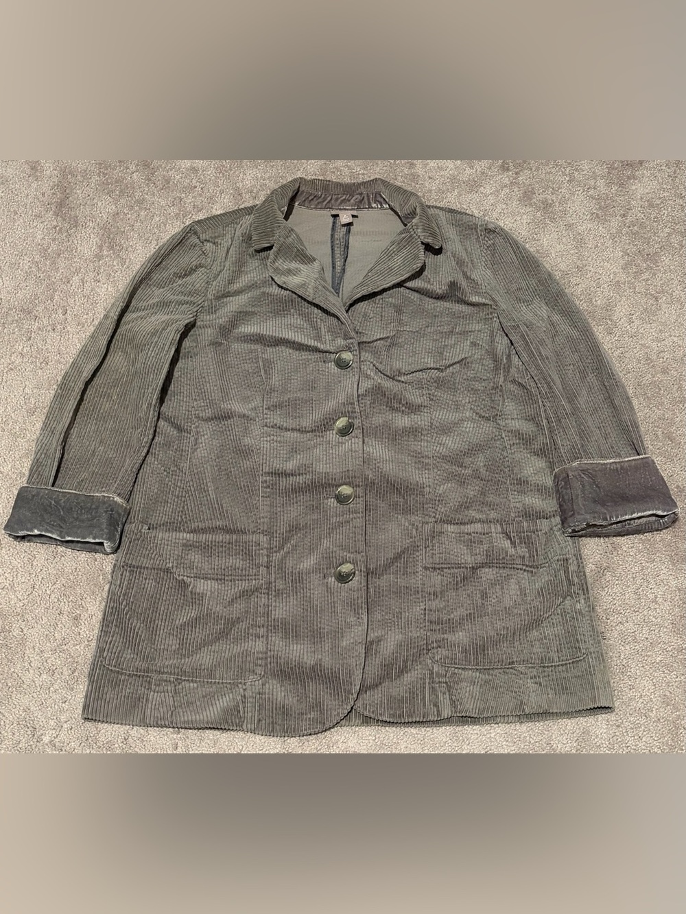 J Jill Women’s Medium Petite Gray Corduroy Wide Wale Velvet Cuff Button Front